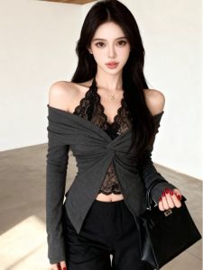 GUZILIAN | Lace Trim Off-Shoulder Long Sleeve T-Shirt Short Crop Top