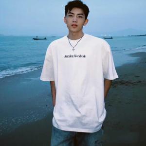 Áo Thun Cotton Tay Ngắn Mùa Hè Thường Ngày Dáng Rộng Cổ Tròn in Chữ Màu Trắng Thương Hiệu Thời Trang Mỹ Cho Nam