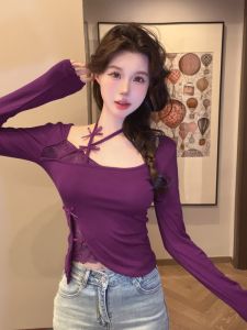 GUZILIAN | Spicy Girl Unique Knot Side Strap Base Shirt Women Autumn Winter Pure Desire Lace Splice Niche Unique Top Womens Fashion