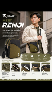 KAMARU Bag RENJI Crossbody Bag Outdoor Hiking Casual Shoulder Bag. Olive green and black color. Adjustable strap. Multiple compartments. Suitable for outdoor activities. Forest trail scene.
