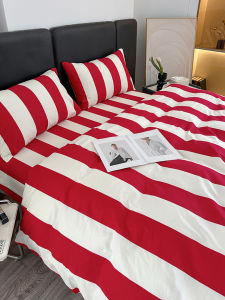 2025 New Pure Cotton Stripe Red Simple Bedding Set Four-Piece Bedding Set Comforter Cover Sheet Bed Skirt Three-Piece Set