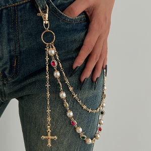 Ingemark Exquisite Luxury Imitation Pearl Acrylic Rhinestone Pants Chain Women Punk HipHop Cross Pendant Jeans Chain Men Jewelry