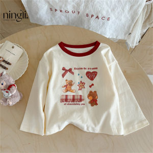 เสื้อยืดแขนยาวลายการ์ตูนน่ารักสำหรับเด็กผู้หญิง เสื้อผ้าฤดูใบไม้ร่วงสำหรับเด็ก เสื้อผ้าที่เข้ากันได้หลากหลาย ผ้าฝ้ายผสมโพลีเอสเตอร์