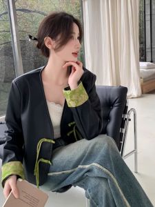 Green Spliced Short PU Leather Jacket Womens Fashionable Spring Autumn New Chinese Style National Trend Outerwear Coat