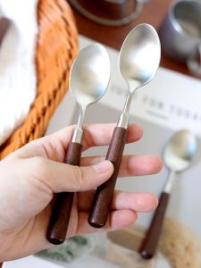 Retro Solid Wood Walnut Matte 304 Stainless Steel Home Use Dessert Spoon Coffee Spoon Small Spoon Childrens Cutlery