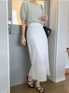 กระโปรงทรงเอผ้าลินินสีพื้นสำหรับใส่ไปทำงาน กระโปรงทรงหางปลาเอวสูง กระโปรงยาวปานกลาง เอวยางยืด ทรงเข้ารูป ฤดูใบไม้ร่วง 2024 แฟชั่นใหม่