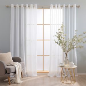 White Eyelet Voile Curtains 132CM Semi Transparent Window Net Curtains for Bedroom/Living Room Airy Lightweight Sheer Panels