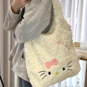 Túi Xách HelloKitty Nhung Thêu Dễ Thương Túi Tote Kitty Cat Dung Tích Lớn Túi Xách Học Sinh Túi Xách Đeo Vai Đơn