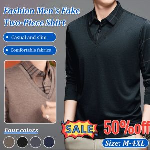 😍Baju Dua Helai Tiruan Ayah Yang Bergaya Dan Serba Boleh/Selesa Serta Mesra Kulit Kemeja-T Lengan Panjang Lelaki Pertengahan Umur Dan Muda Baju Sejuk Rajutan Baju Sejuk/Baju Gaya Klasik Yang Selesa Dan Mesra Kulit舒适透气打底衫