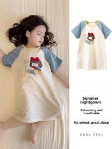MiiOW | Pure Cotton Childrens Sleep Dress Loose Fit Short Sleeve Home Clothes For Girls Summer Comfortable Breathable Nightgown