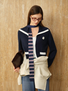 BADINA | Áo Cardigan Len Nữ Mùa Xuân Mới Xuất Sắc Phối Màu Cổ Thủy Thủ