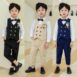 lontakids 5Pcs Kids Boys Formal Plain Double Breasted Vest Suit (Vest+Pants+Shirt+Bow Tie+Corsage) Children Wedding Birthday Party Black Khaki Gentleman Clothes Set