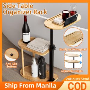 Bamboo Side Table Red Wine Telescopic Rack Bedside Removable storage rack with Adjustable Height 3 layer Wooden Bathtub Tray Table for Tub Against Wall Bathtub Bed Sofa