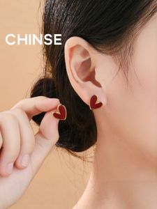 CHINSE | Sterling Silver Red Heart Minimalist Earrings