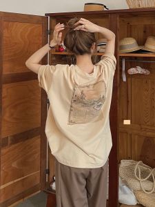 เสื้อยืดแขนสั้นพิมพ์ลายหลวมสําหรับผู้หญิงในผ้าฝ้ายคอกลมย้อนยุคสไตล์อเมริกันเสื้อผ้าฤดูร้อนขนาดใหญ่