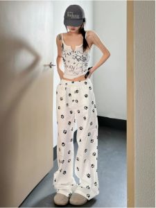 Extended Length plus Size Dog Print Wide Leg Pants Women Summer Fashion Loose Casual White Long Trousers Korean Style Commute