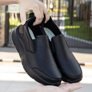 Mens Large Size Leather Surface Waterproof Anti-slip Comfortable Casual Middle-aged And Elderly Health Walking Shoes Black