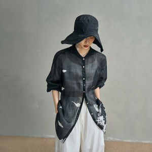 Chic Ethnic Print Loose Ramie Shirt Long Sleeve