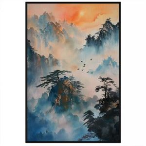 Tranh mặt trời mọc trên núi phong cảnh núi non hùng vĩ.Tranh treo tường dán tường phong thủy.CGI-898