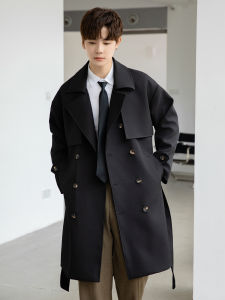 Slim Fit Mens Windbreaker Jacket Thin Double Breasted Suit Collar mid Length Fashion Urban Style Polyester Fiber PU Lining