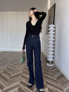 Luxurious High Waist Bell Bottom Jeans Resistant to Deformation Deep Blue Shaping Effect Washed Once Straight Legged Trousers