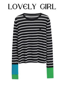 Clearance Sale Lighting Snap ~ Brand Discount Counter Withdraw Cold Base Shirt Acetate Cotton Color Matching Sleeves with Stripes Long-Sleeve T-shirt