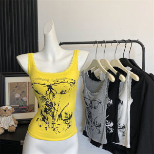 American Style Yellow Lace Trim Printed Crop Top Women Summer Spicy Sweet Cool Fit Inner And Outer Wear Knitted Sweater