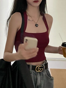 เสื้อกั๊กสายเดี่ยวสีแดงสไตล์ฝรั่งเศสสำหรับผู้หญิงในฤดูร้อน เสื้อคลุมกันหนาวแบบสั้น ดีไซน์เก๋ไก๋ ใส่ได้ทั้งในและนอกบ้าน