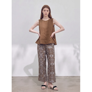 GULILI | Khaki Linen Sleeveless Top with Print Wide Leg Pants Womens Casual Set