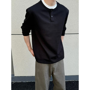 Gray Long Sleeve Henry Collar Polo Shirt Mens Style round Neck T-Shirt CleanFit Shoulder Sweatshirt Casual Loose Fit Youthful