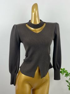 French Design V-Neck Knitted Top Womens Spring Autumn Slim Fit Short Bubble Sleeve Neck Hanging Korean Style Inner Wear