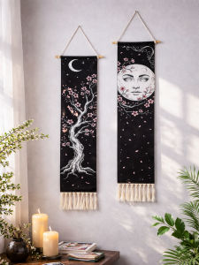 Moon Cherry Blossom Tapestry Boho Black Floral Wall Hanging with Tassels Aesthetic Tree of Life & Moon Face Art for Home Decor
