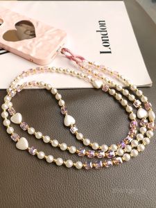Handmade Crystal Pearl Long Crossbody Phone Lanyard Womens Outdoor Travel Durable Beaded Necklace Universal Anti-Lost Bee Amplifier Chain