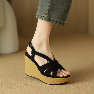 Cocoa Shoemaker Bohemian Roman Sandals for Women with Wedge Heel Hollow Sole and Peep Toe Black High Heels Fashionable and Waterproof