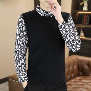 HENGYUANXIANG | Autumn Fashion Mens Knitted Shirt Collar Sweater Base Layer Trendy Two-Piece Look Casual Long Sleeve Slim Fit Polyester Blend