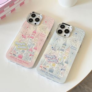 กรอบรูปโลหะเคลือบสีเงินเคสโทรศัพท์มีลายปราสาทดอกไม้ไฟสีชมพูและสีฟ้าพร้อมจี้สำหรับ iPhone X XS XR 11 12 13 14 15 16ซีรีส์