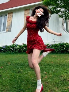 SUSIEYUAN | Polka Dotted French Flair Red Camisole Dress