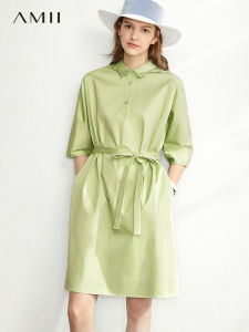AMII | Summer Casual Half Open Collar Short Sleeve French Dress with Belt Loose Shirt Dress