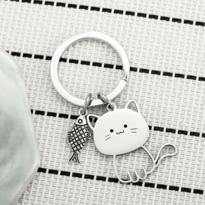 【♡Lovely girls house♡】Cute Cartoon Little Cat and Fish Stainless Steel Toy Keychain Bag Pendant Key Holder