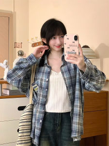 Retro Korean Style Womens Checkered Shirt Loose Fit Thin Long Sleeve Early Autumn Top Label Lettering Lazy Style Outerwear