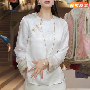 Elegant Chinese Style Silk Shirt Long Sleeve Acetate Satin Surface Embroidery Womens Spring Fashion Top Comfortable Fit Button Detail