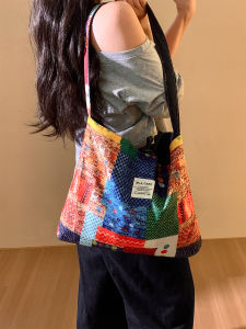 Double-Sided Bohemian Denim Canvas Tote Bag Vintage Contrast Color Commuter Slant Cross Bag Fashionable Canvas Bag