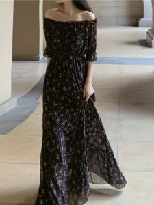 Readysuit One Shoulder Long Skirt Floral Print Chiffon Loose Waist Vintage Style Commute Dress Ankle Length Maxi Skirt