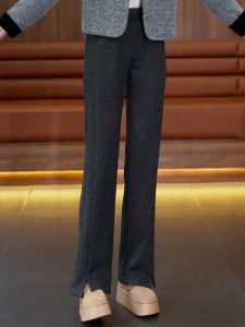 กางเกงขายาวทรงหลวมเอวสูงสำหรับผู้หญิง กางเกงขายาวทรงตรงลำลอง ทรงหลวม ผ้าขนสัตว์ สีดำและเทา กางเกงขายาวทรงตรงสำหรับฤดูใบไม้ร่วงและฤดูหนาว