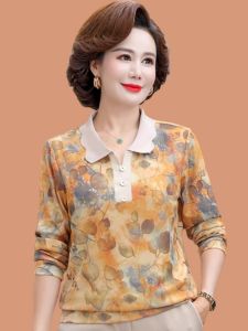 ทันสมัย เสื้อโปโลคอปกถักแขนยาวพิมพ์ลาย เสื้อท่อนบน สําหรับ วัยกลางคนและผู้สูงอายุ ผู้หญิง ฤดูใบไม้ร่วง เสื้อตัวใน หลวม ชุดทํางานพอดีตัว
