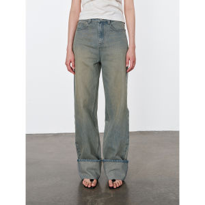 High Waist Slim Straight Leg Jeans Vintage Blue Original Denim Wide Cuff Design New Arrival Womens Premium Quality Jeans