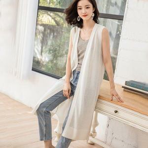 Plus Size Ladies Loose-Fitting Waistcoat Vest for Women Summer Mid Length Long Length Crop-Top Outerwear plus Size Oversized Knitted Cardigan Ice Silk Coat Thin