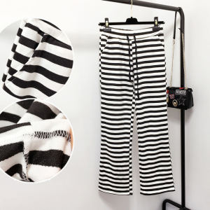 กางเกงขายาวทรงตรงลายทางสีดำขาวสำหรับผู้หญิง กางเกงขายาวลำลอง กางเกงกีฬา กางเกงขายาวทรงหลวม กางเกงขายาวสำหรับใส่อยู่บ้าน