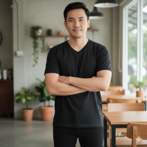 เสื้อยืดผู้ชายคอวีแขนสั้นสไตล์เรียบหรู ผ้าฝ้ายคุณภาพสูง