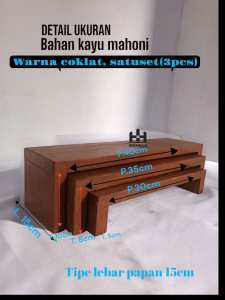 Rak Display 3 Susun Kayu Tipe Lebar 15cm Cocok untuk Pajangan Produk Kosmetik Perhiasan Bahan Mahoni Warna Coklat Satu Set 3pcs